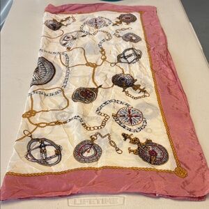 Vintage-Inspired Compass Print Silk Scarf in Cream and Dusty Rose